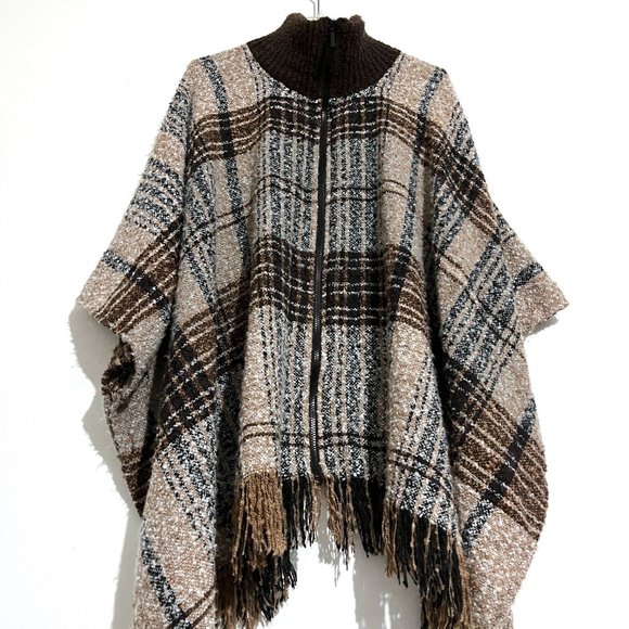 Marc New York Zip Up Turtleneck Plaid Tassel Hem Sweater Poncho One Size Fit All - Picture 4 of 16